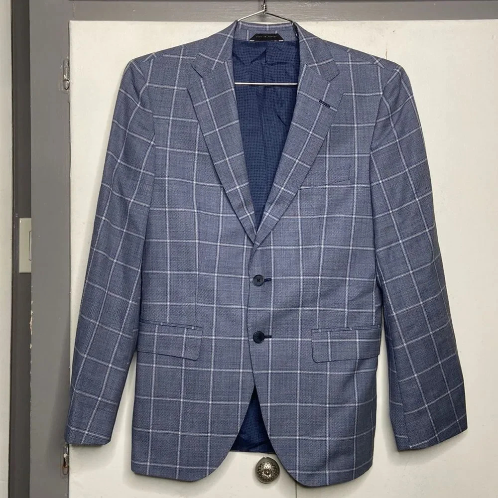 boss hugo boss men 2 button Sport coat blazer 36r blue windowpane jewels